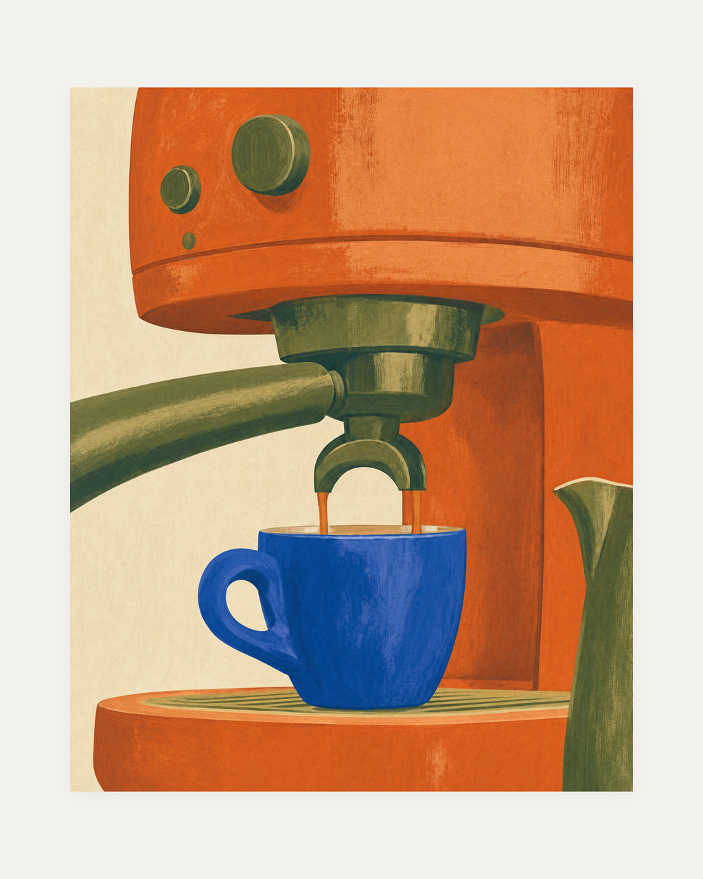 Sunday Espresso, orange espresso wall art, tall orange espresso machine, cobalt blue cup, portrait layout