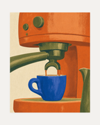 Sunday Espresso, orange espresso wall art, tall orange espresso machine, cobalt blue cup, portrait layout