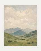 Clouded Valley unframed soft valley print showing green slopes under a cloudy sky