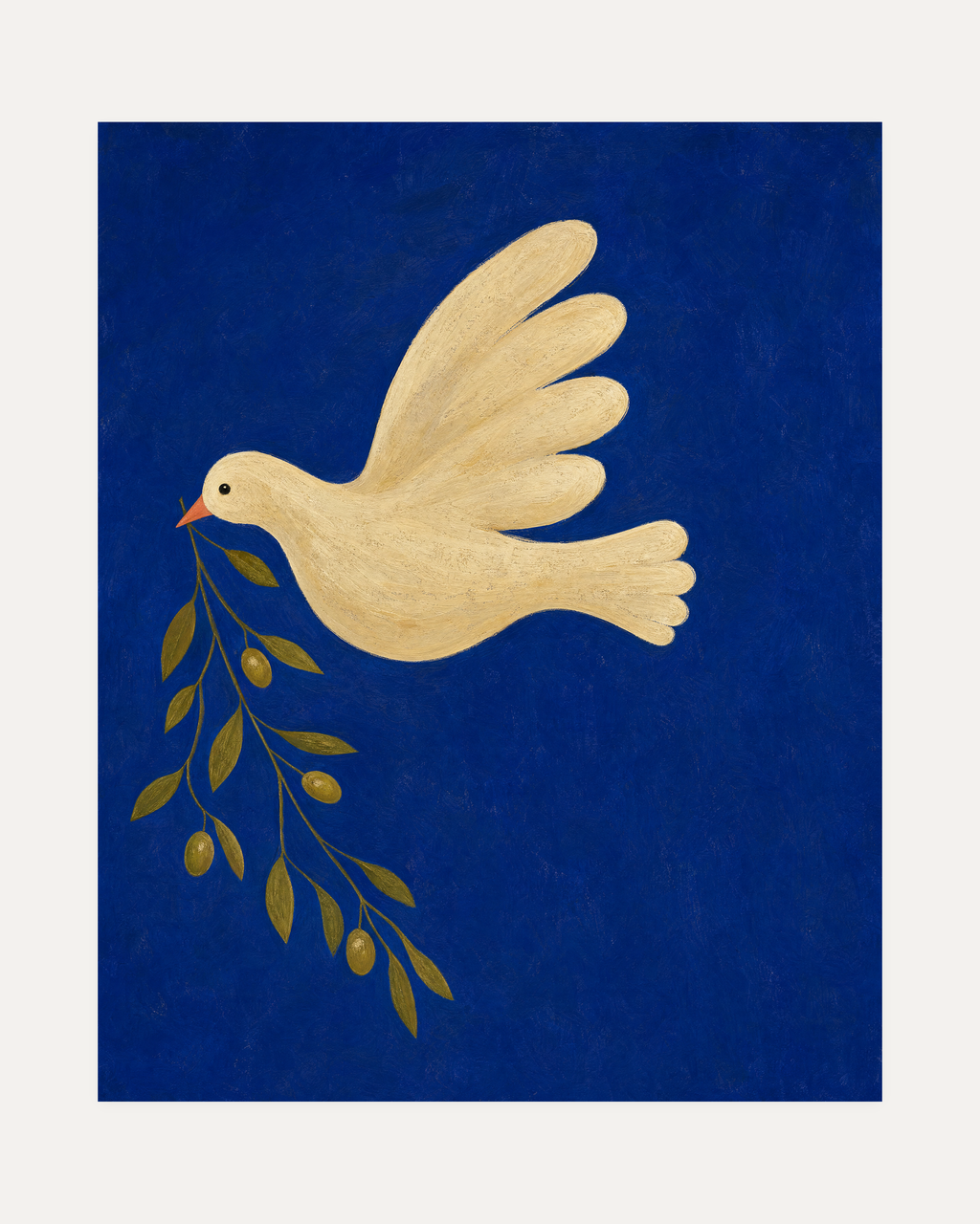 Dove Branch Blue unframed bird and branch print showing bird, branch, and leaves in blue, cream, and green