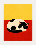 Nap Cat unframed cat poster art print showing a curled black-and-white cat on red