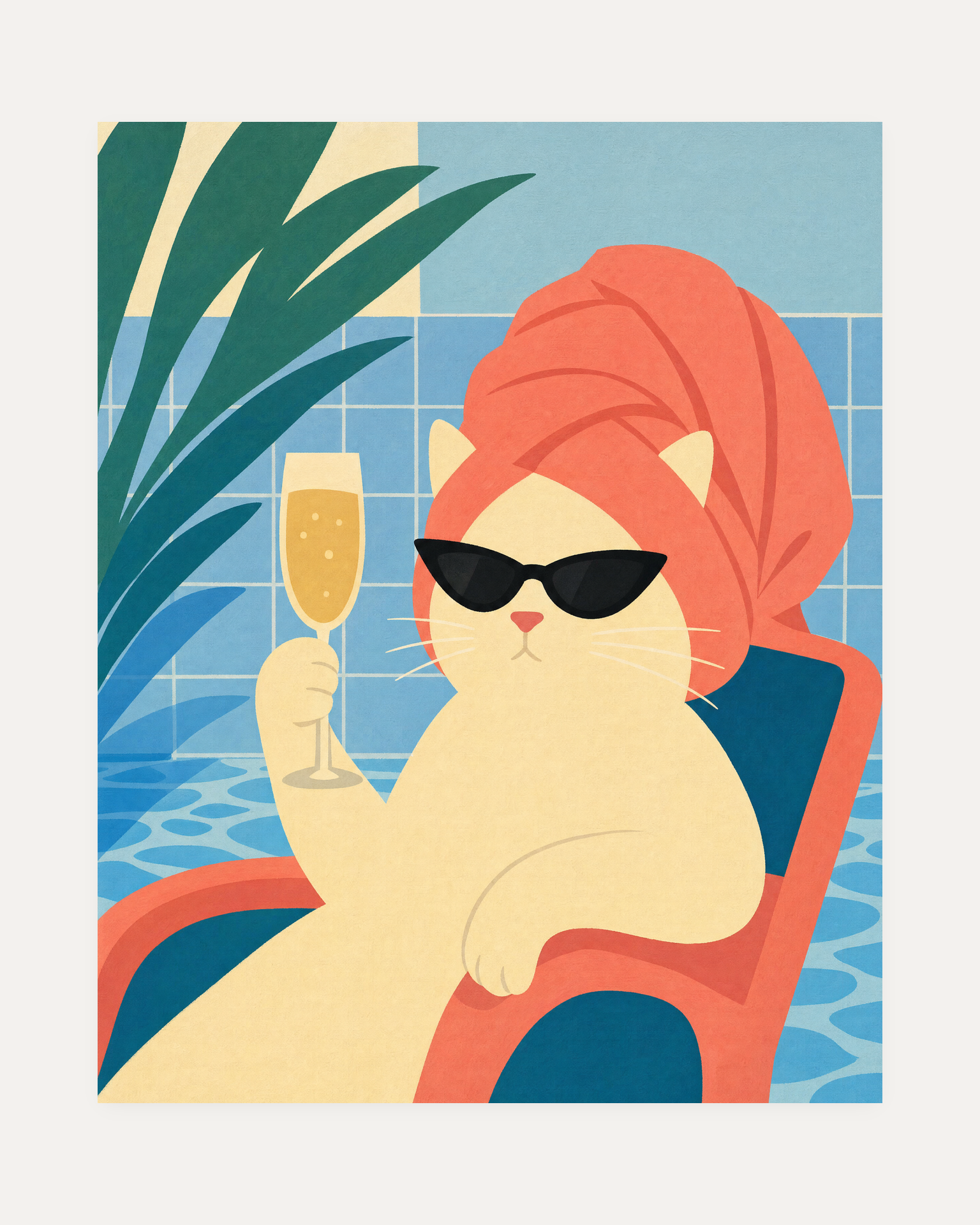 Cream Cat Spa Glass unframed cat art print showing cream cat, sunglasses, glass, and blue pool tile