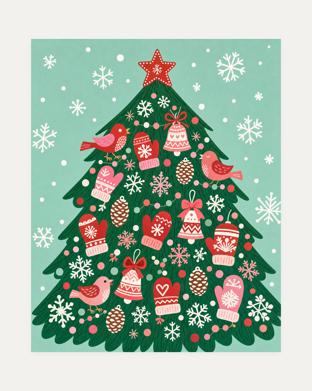 Mitten Tree unframed mitten tree print showing a tree hung with mittens and bells
