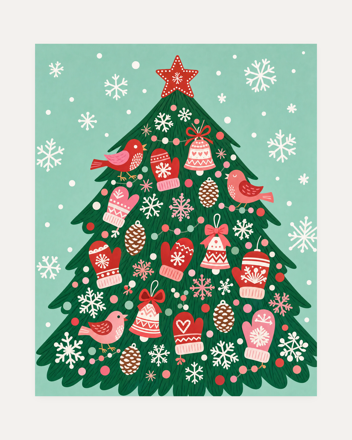Mitten Tree unframed mitten tree print showing a tree hung with mittens and bells
