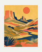 Canyon Sun unframed desert art print showing layered mesas, a dark river, and a coral sun