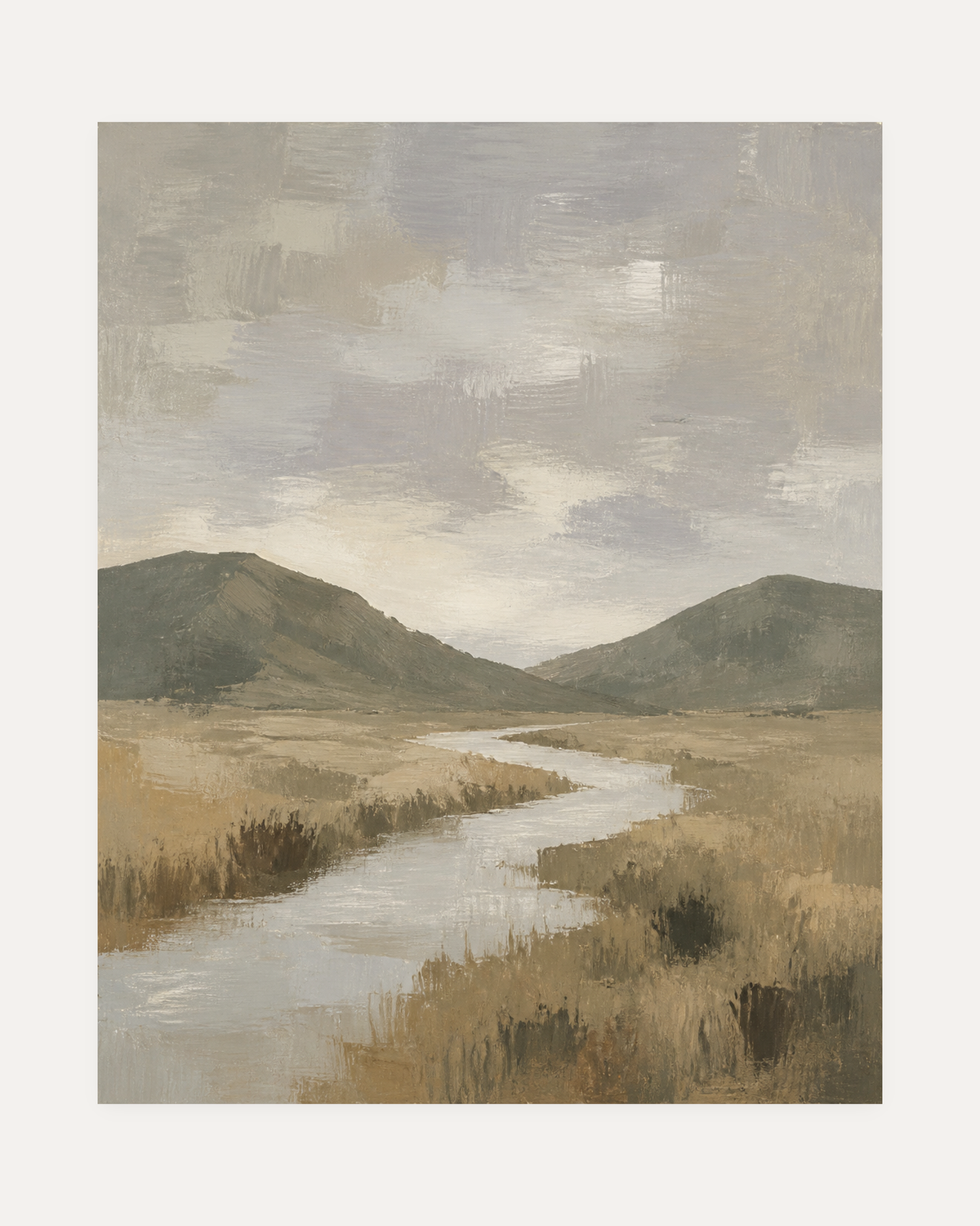 Grey Bend unframed grey stream print showing a pale stream between two hills