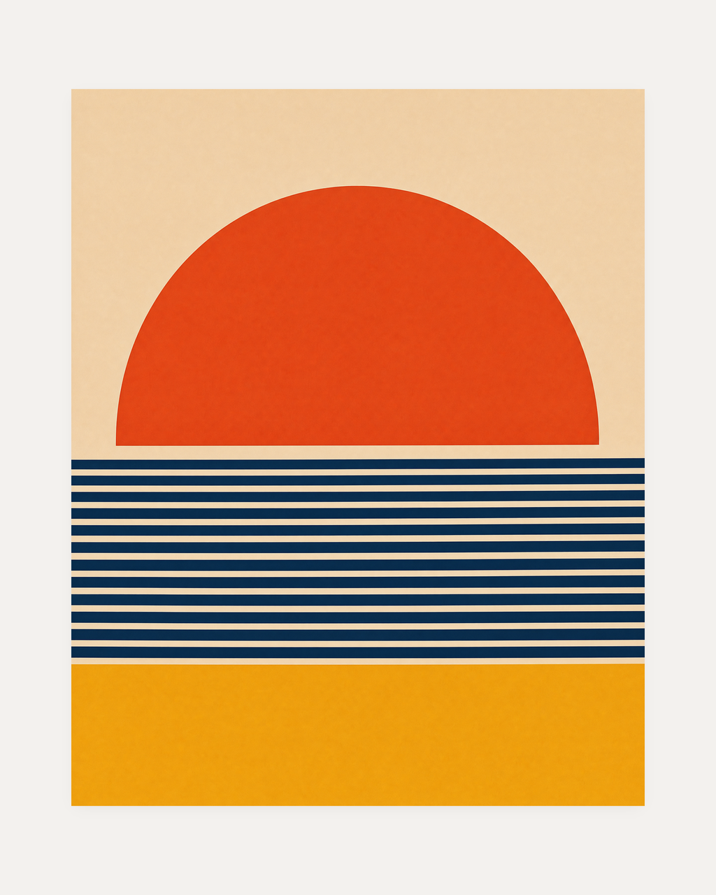 Banked Sun navy stripe sun wall art, terracotta half disc, navy striped banks, mustard base