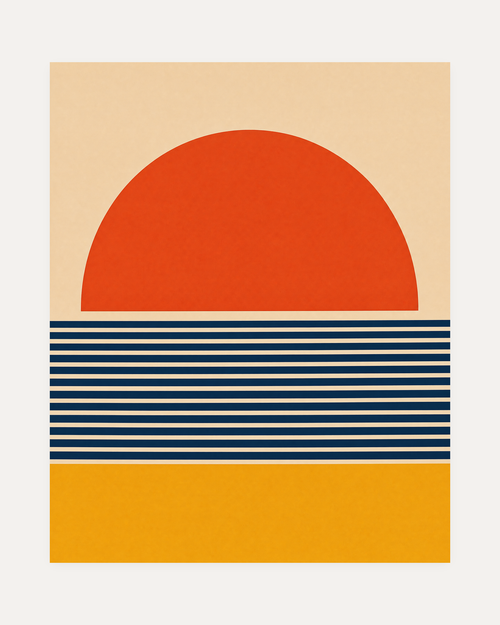 Banked Sun navy stripe sun wall art, terracotta half disc, navy striped banks, mustard base