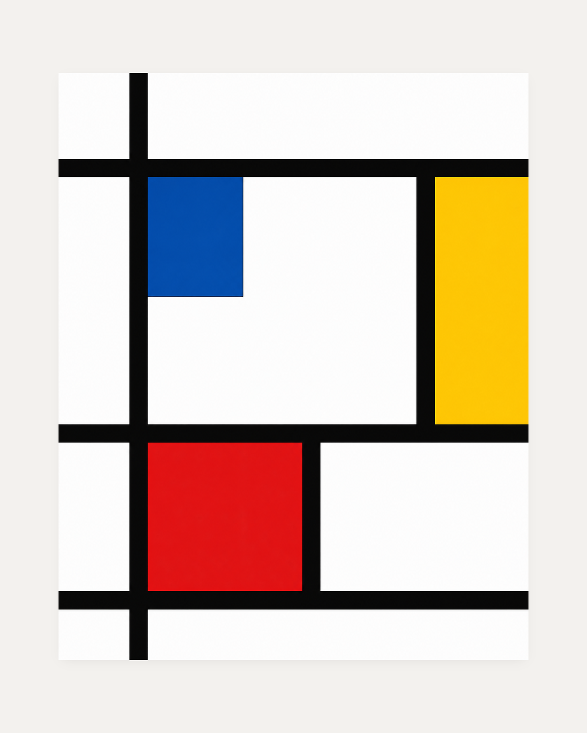 Blue Red Yellow Bar Grid Remap unframed red yellow blue wall art print showing blue and red squares with a yellow bar in a black grid