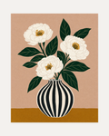 Sunday Peonies unframed peony wall art print showing three white peonies in a striped vase