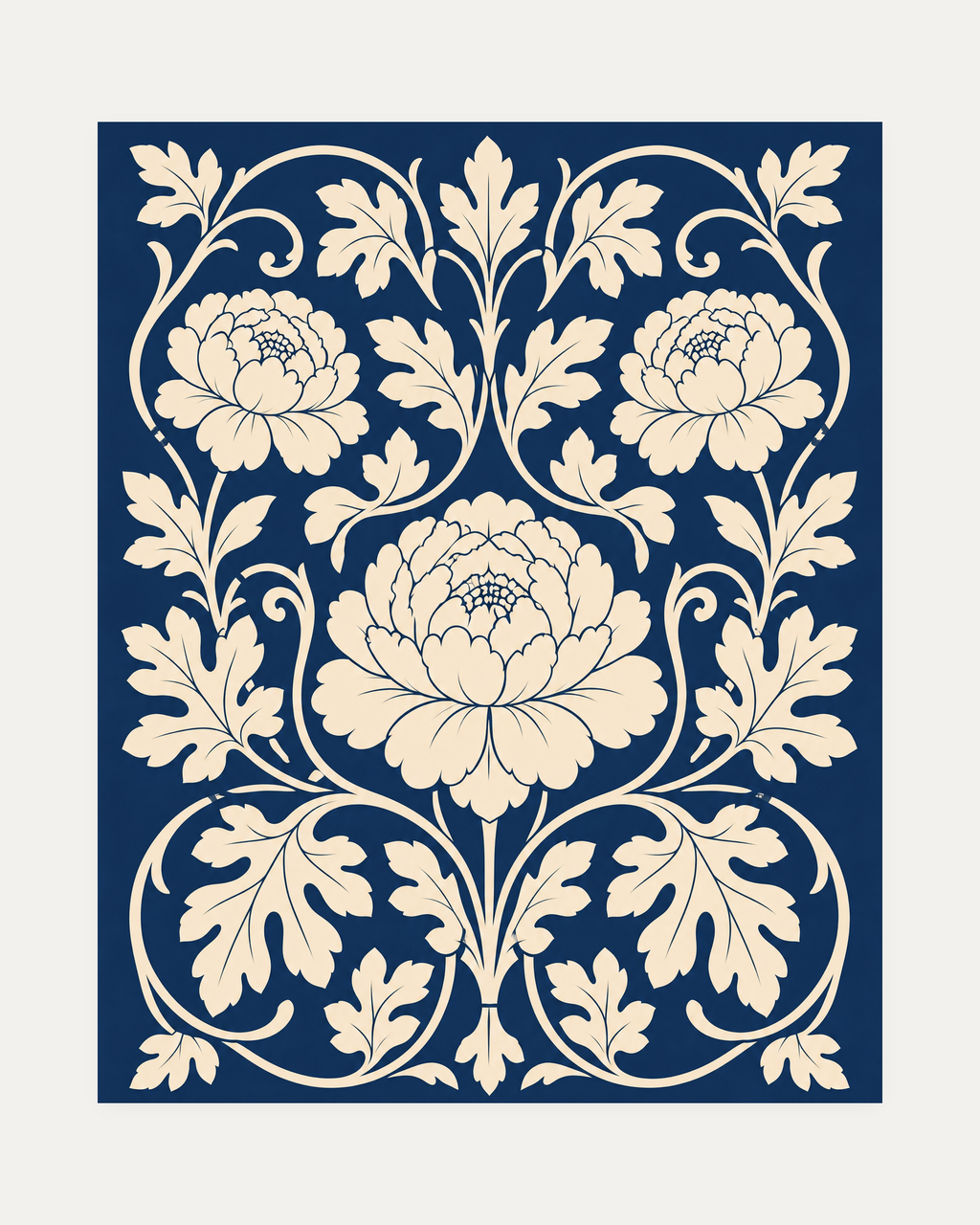 Three Peonies Navy Weave unframed blue peony wall art print showing three cream peonies in a symmetrical botanical weave on navy