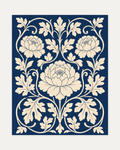 Three Peonies Navy Weave unframed blue peony wall art print showing three cream peonies in a symmetrical botanical weave on navy