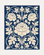Three Peonies Navy Weave unframed blue peony wall art print showing three cream peonies in a symmetrical botanical weave on navy