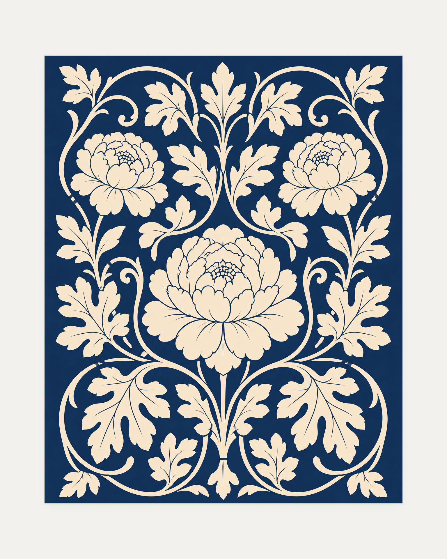Three Peonies Navy Weave unframed blue peony wall art print showing three cream peonies in a symmetrical botanical weave on navy