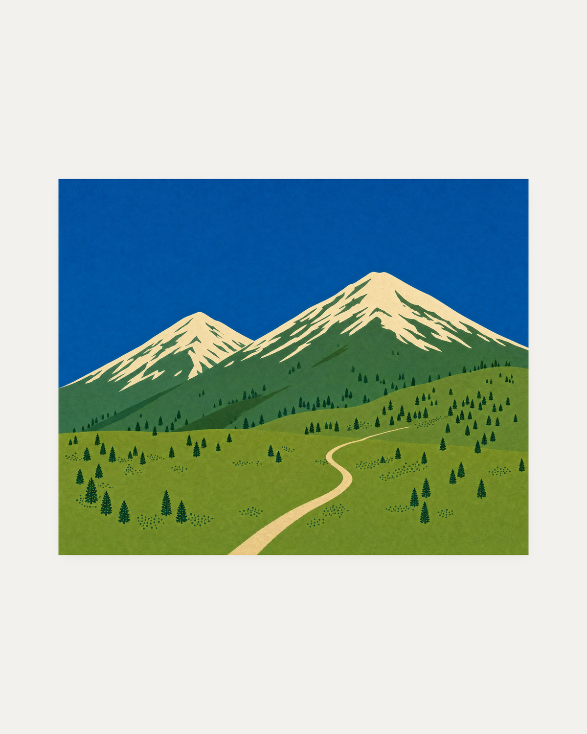 High Meadow unframed mountain landscape wall art print showing two snow-capped green ridges above a pale path