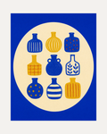 Bottle Hour cobalt bottle wall art, nine patterned blue bottles in cream circle with yellow accents
