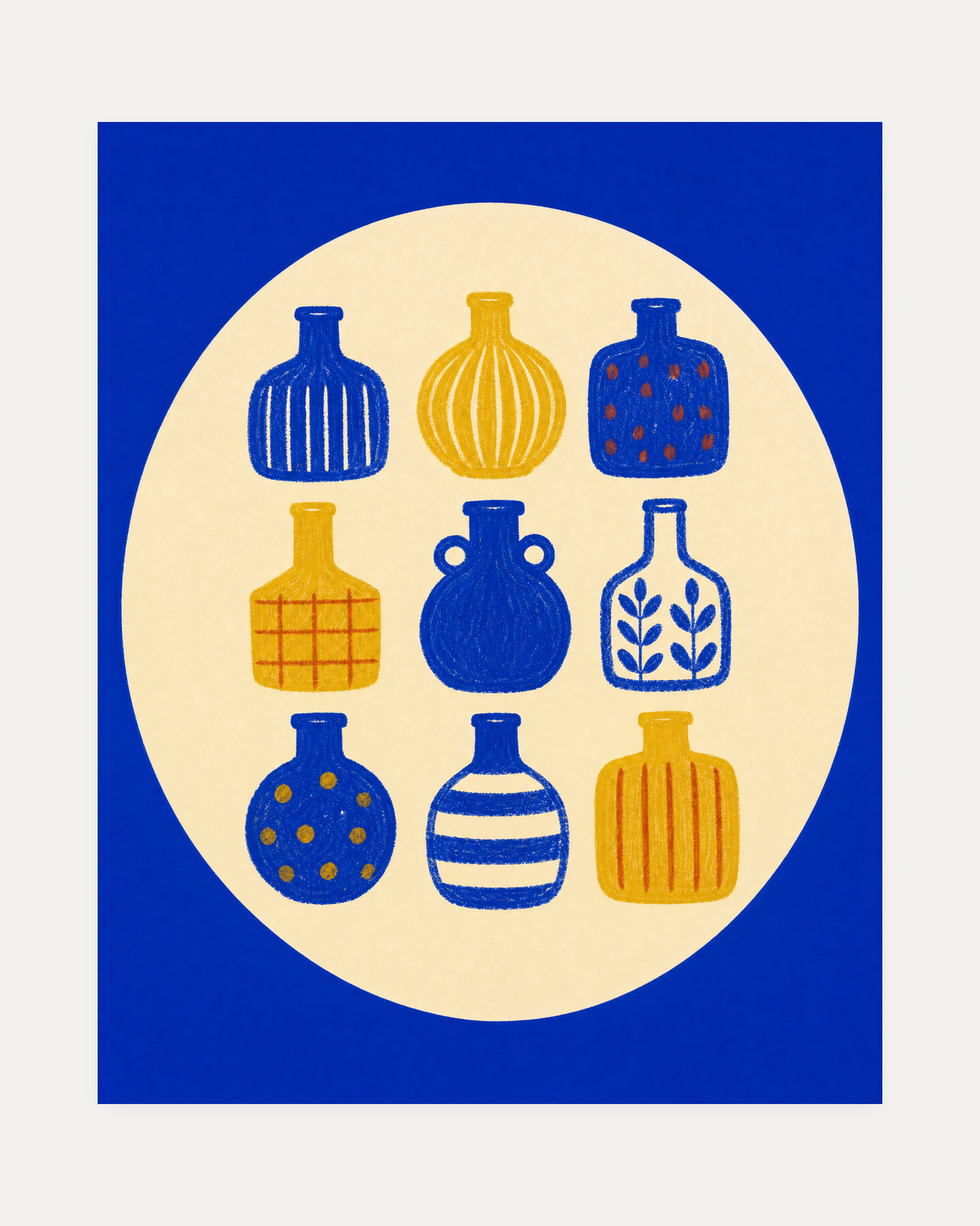 Bottle Hour cobalt bottle wall art, nine patterned blue bottles in cream circle with yellow accents