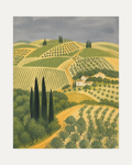 Farmhouse Walk cypress vineyard path wall art with ochre road, cypress trees, olive hills and small farmhouse