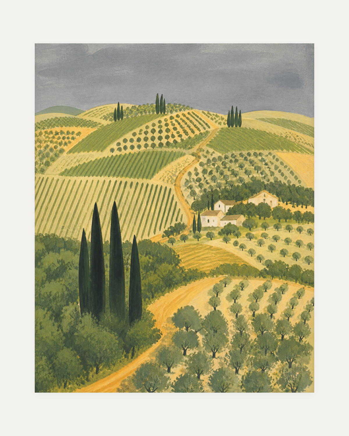 Farmhouse Walk cypress vineyard path wall art with ochre road, cypress trees, olive hills and small farmhouse