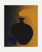 Dark Vessel unframed abstract vase print showing vase, abstract shape, and oval in black, dark blue, and brown