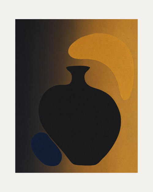 Dark Vessel unframed abstract vase print showing vase, abstract shape, and oval in black, dark blue, and brown