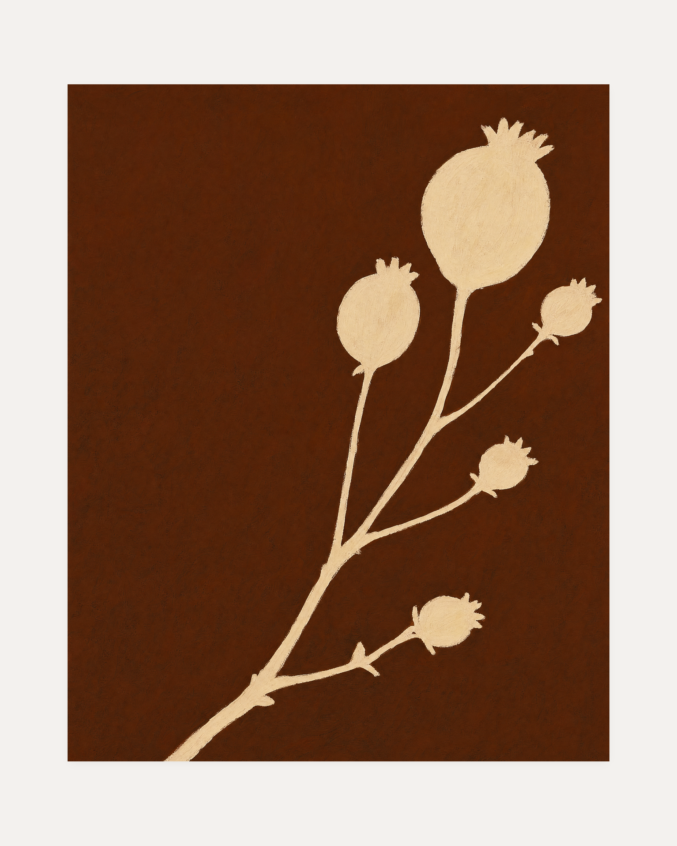 Cream Bloom Brown unframed plant silhouette print showing plant stem and seed pods in brown and beige
