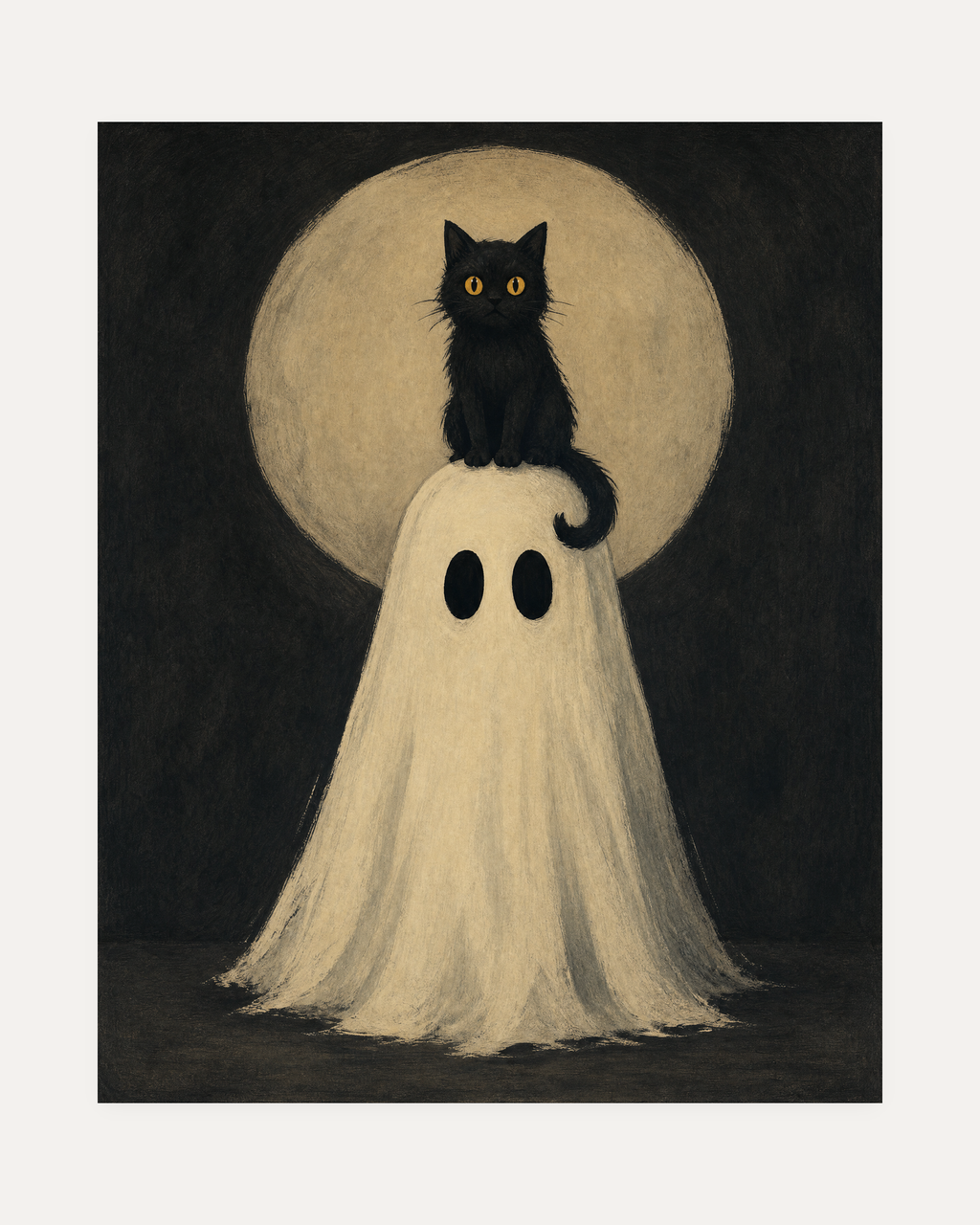 Moon Perch Cat, perched ghost cat wall art, black cat on cream ghost under pale moon, charcoal background