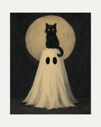 Moon Perch Cat, perched ghost cat wall art, black cat on cream ghost under pale moon, charcoal background
