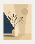 Shadow Wedge navy plane vase wall art, white bottle with berry branch on beige and navy geometric planes