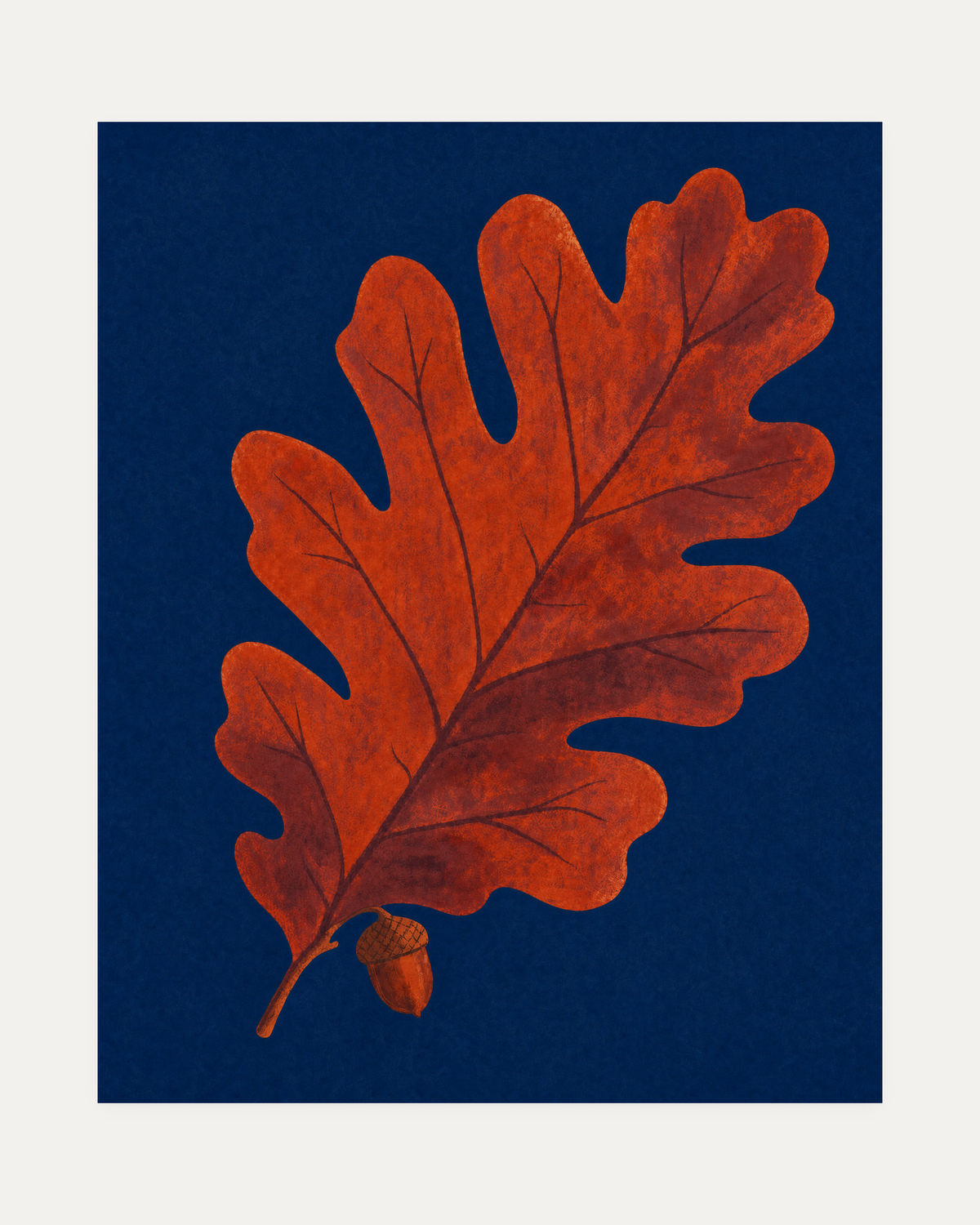 Acorn Watch, oak leaf wall art, rust oak leaf on navy field with lower-left acorn and dark brown lobe marks
