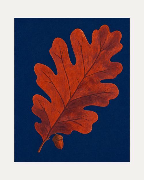 Acorn Watch, oak leaf wall art, rust oak leaf on navy field with lower-left acorn and dark brown lobe marks