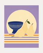 Navy Bowl Daisy Stem Remap unframed mid century pear wall art print showing three pale pears with a navy bowl on lavender orange stripes