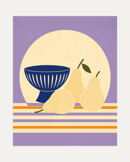 Afternoon Pears, mid century pear wall art, pale yellow pears, navy footed bowl, lavender circular backdrop