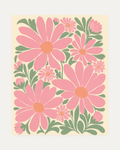Garden Trio, pink daisy wall art, rose petals, coral centers, sage leaf fans on cream ground