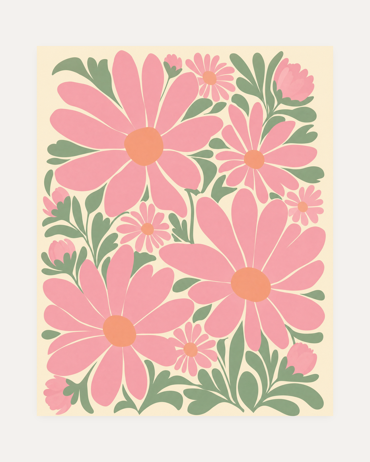 Garden Trio, pink daisy wall art, rose petals, coral centers, sage leaf fans on cream ground