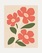 Morning Blooms unframed coral botanical prints print showing four coral flowers and dark green leaves on cream