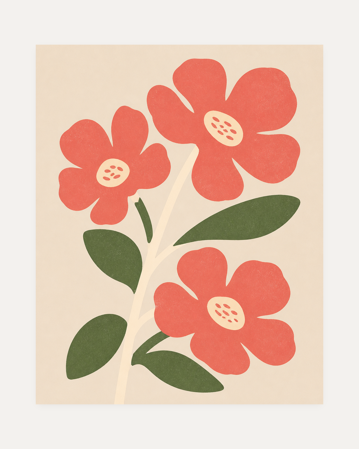 Morning Blooms unframed coral botanical prints print showing four coral flowers and dark green leaves on cream