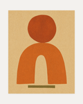 Noon Totem, terracotta totem wall art, rust disc above terracotta arch with olive bar on beige field
