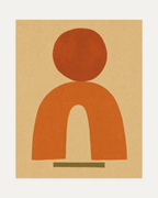 Noon Totem, terracotta totem wall art, rust disc above terracotta arch with olive bar on beige field