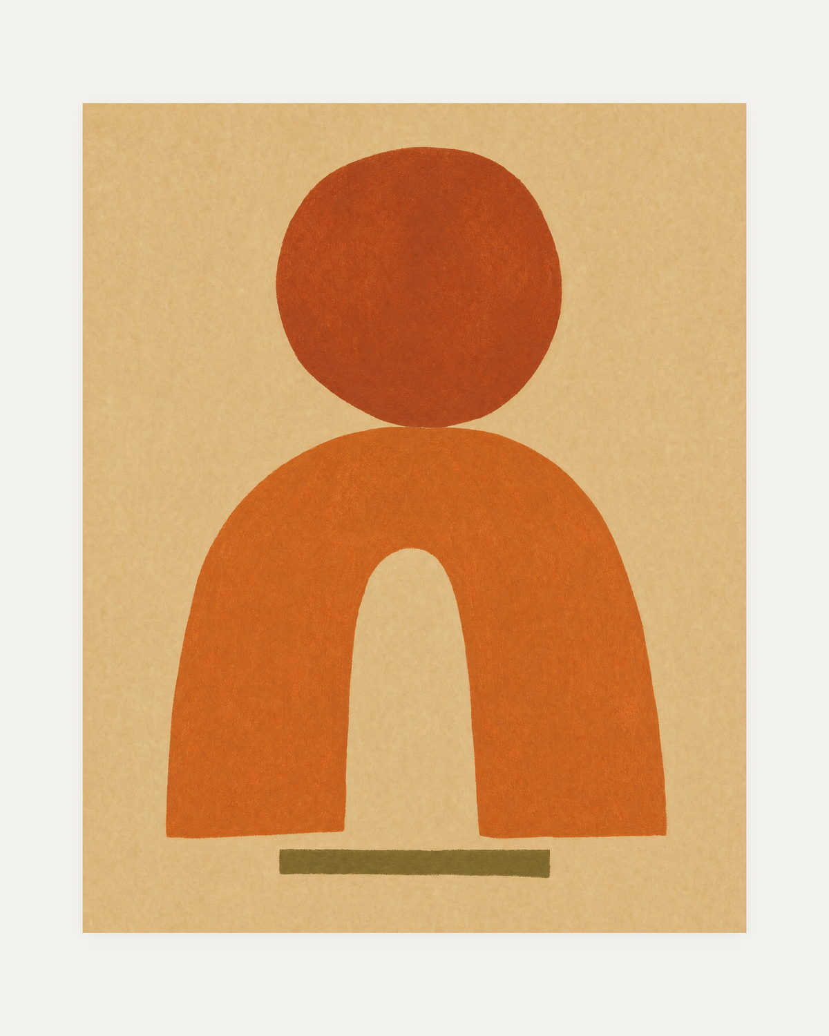 Noon Totem, terracotta totem wall art, rust disc above terracotta arch with olive bar on beige field