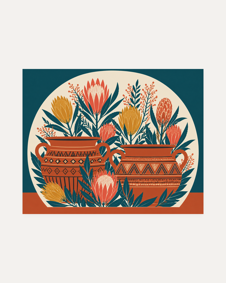 Coral Thicket Vessel Remap unframed vintage protea wall art print showing two terracotta urns with protea blooms and teal leaves in a cream arch
