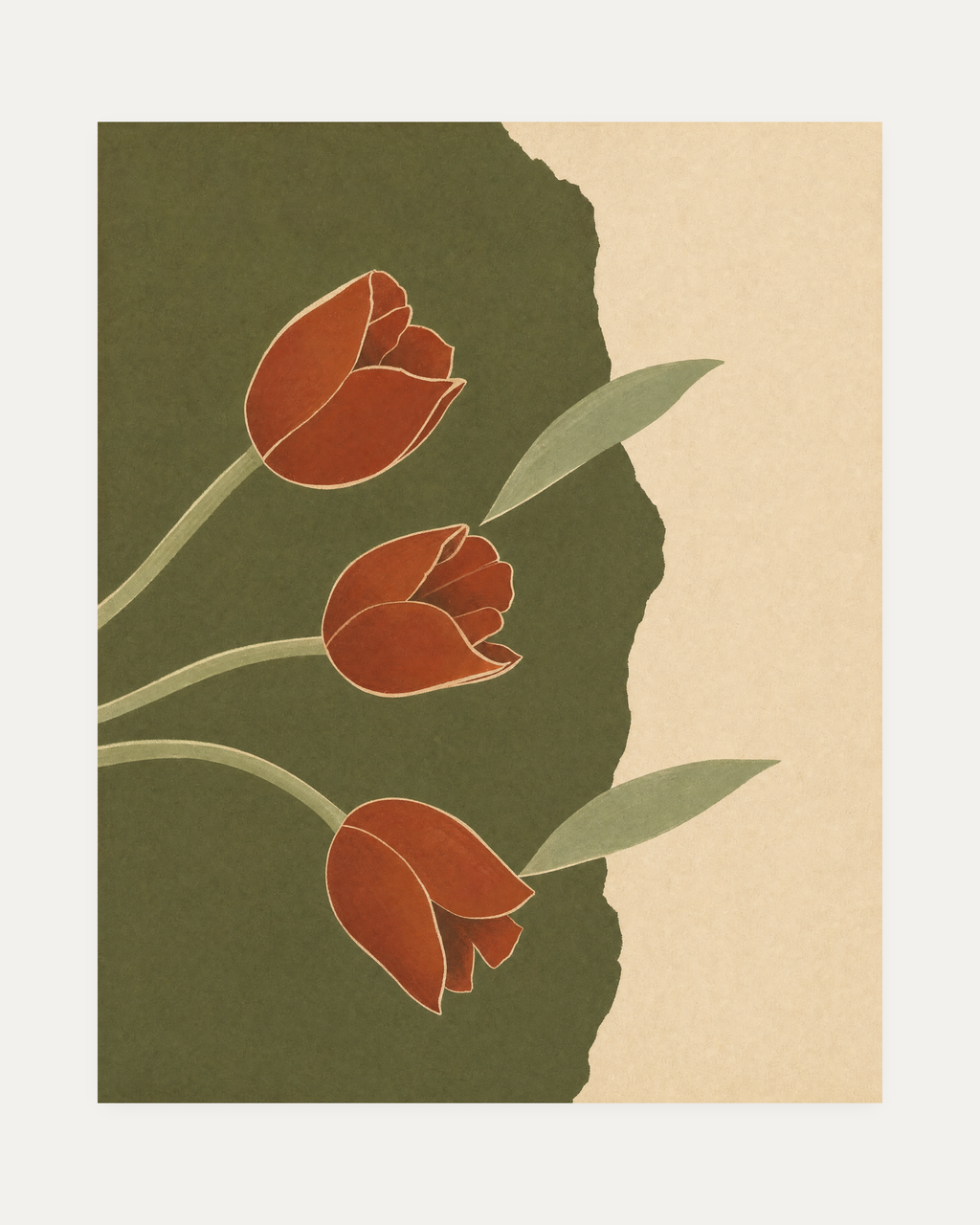 Tulips Break Olive Slab unframed tulip print showing rust tulips, olive slab, cream field