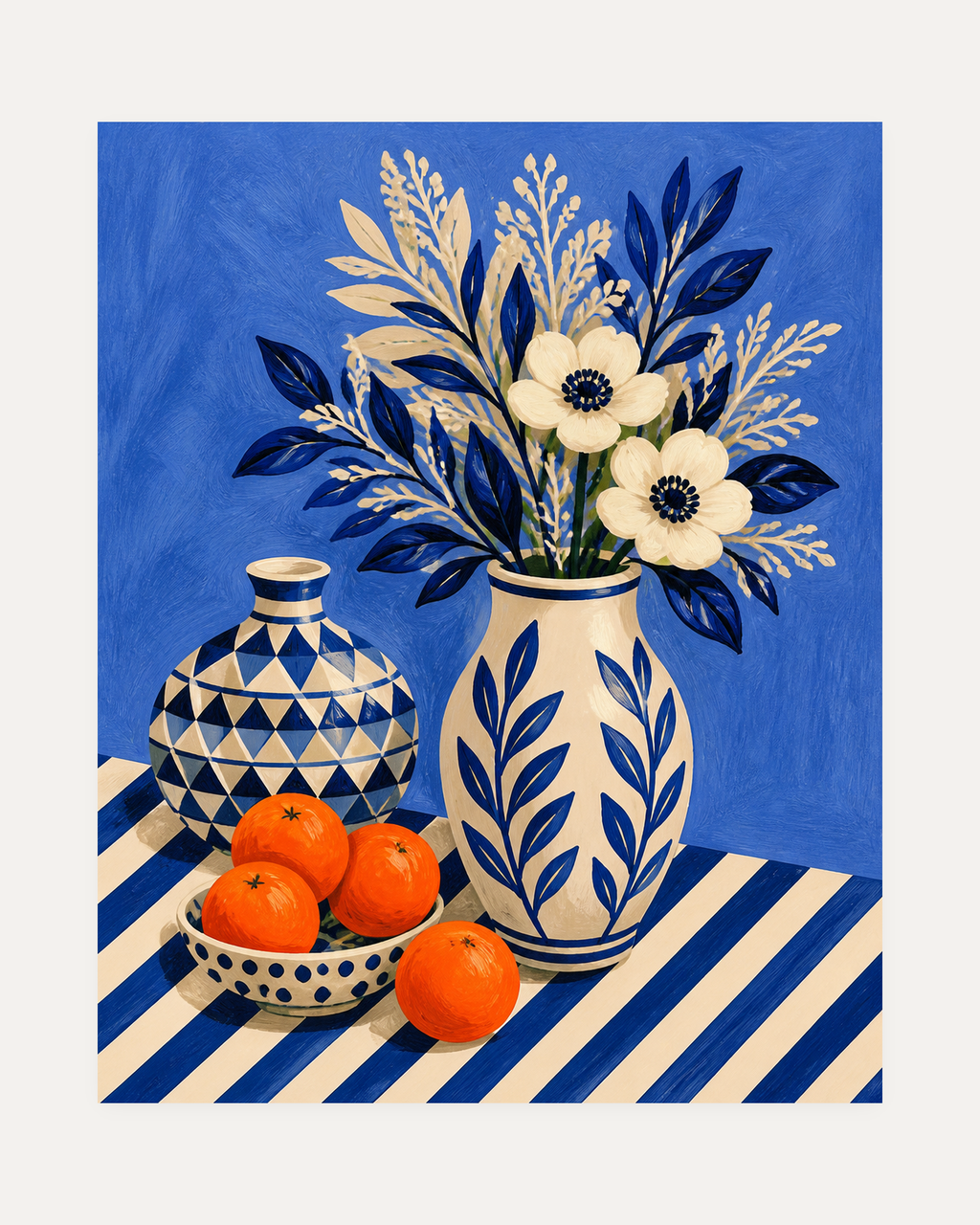 Morning Oranges unframed vintage cream floral wall art print showing oranges in a dotted bowl beside a patterned vase