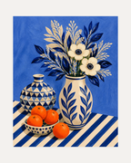 Morning Oranges unframed vintage cream floral wall art print showing oranges in a dotted bowl beside a patterned vase