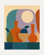 Shelf Fruit, orange vessel still life wall art, olive pear, burnt-orange vessels, cream disc over shelf