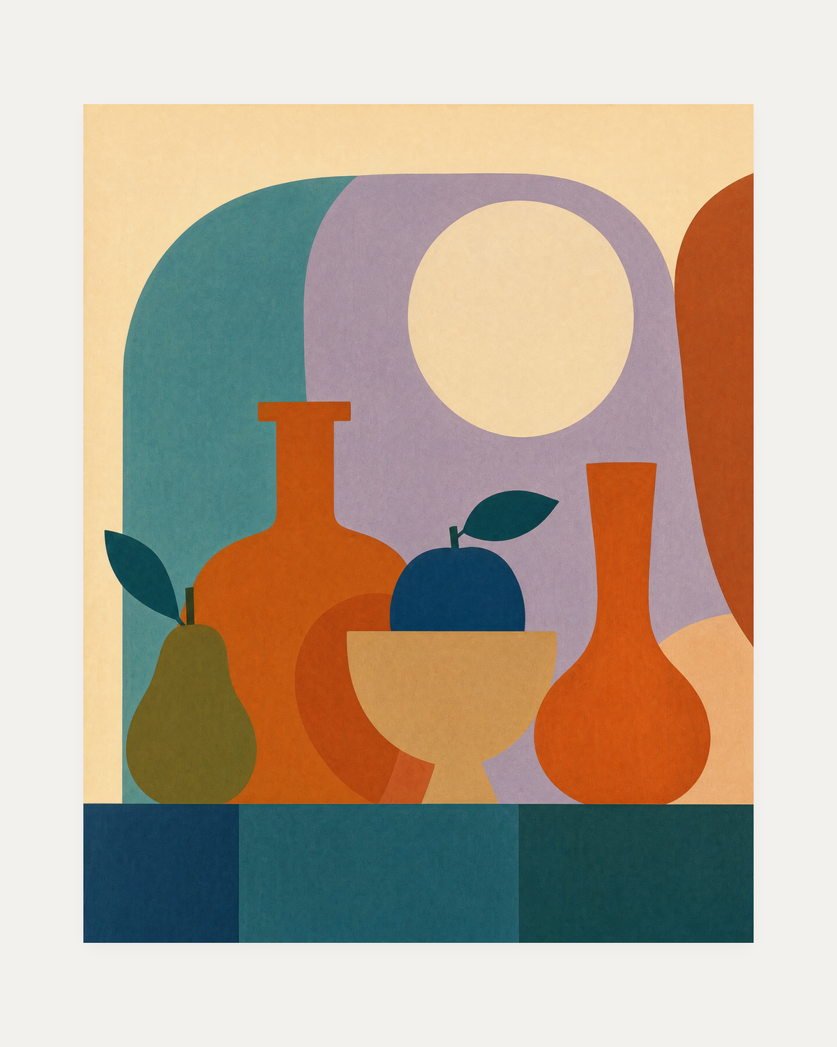 Shelf Fruit, orange vessel still life wall art, olive pear, burnt-orange vessels, cream disc over shelf