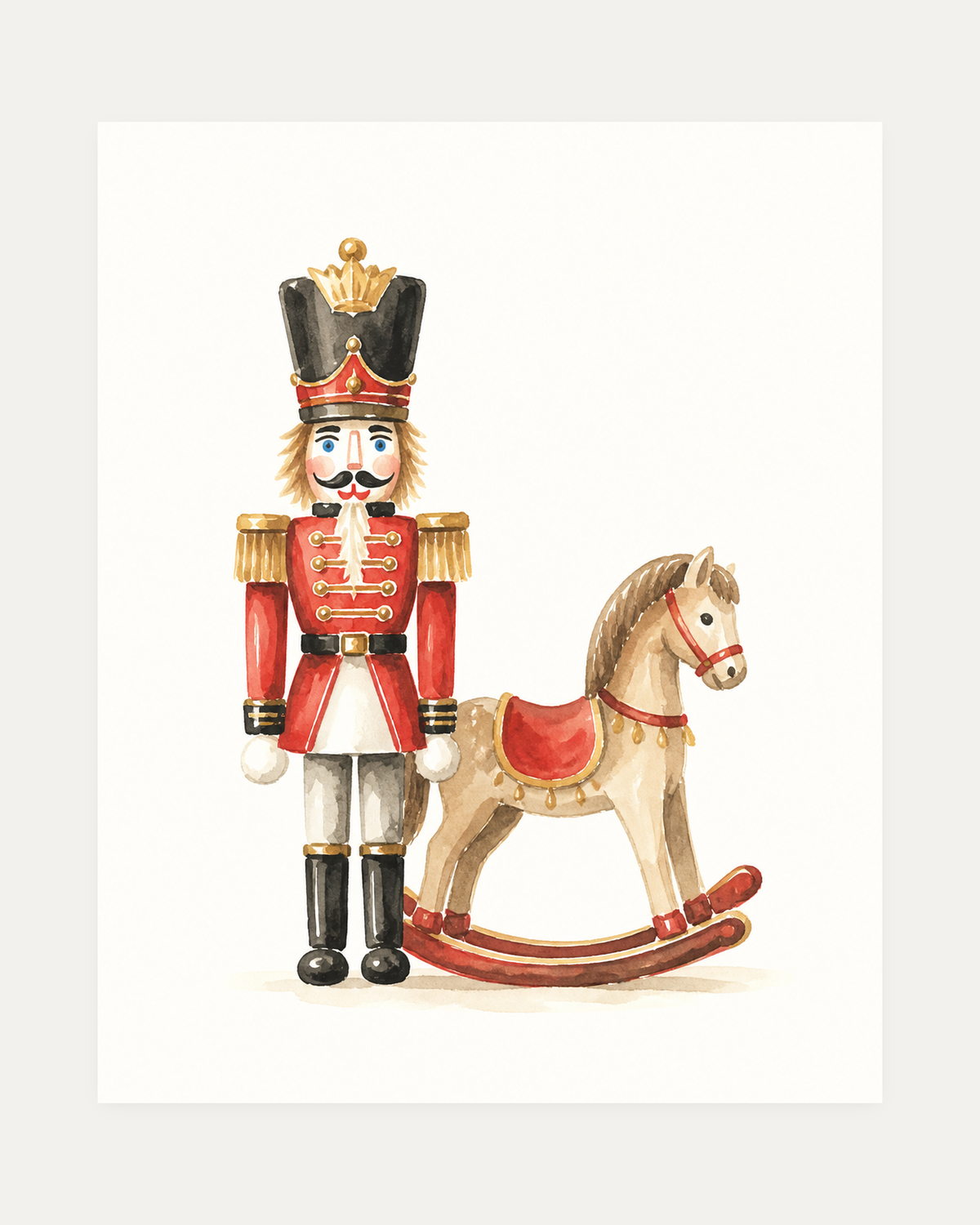 Toy Guard unframed rocking horse print showing a nutcracker beside a rocking horse
