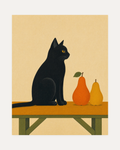 Cat on Harvest Bench unframed cat still life print showing black cat, ochre bench, two pears