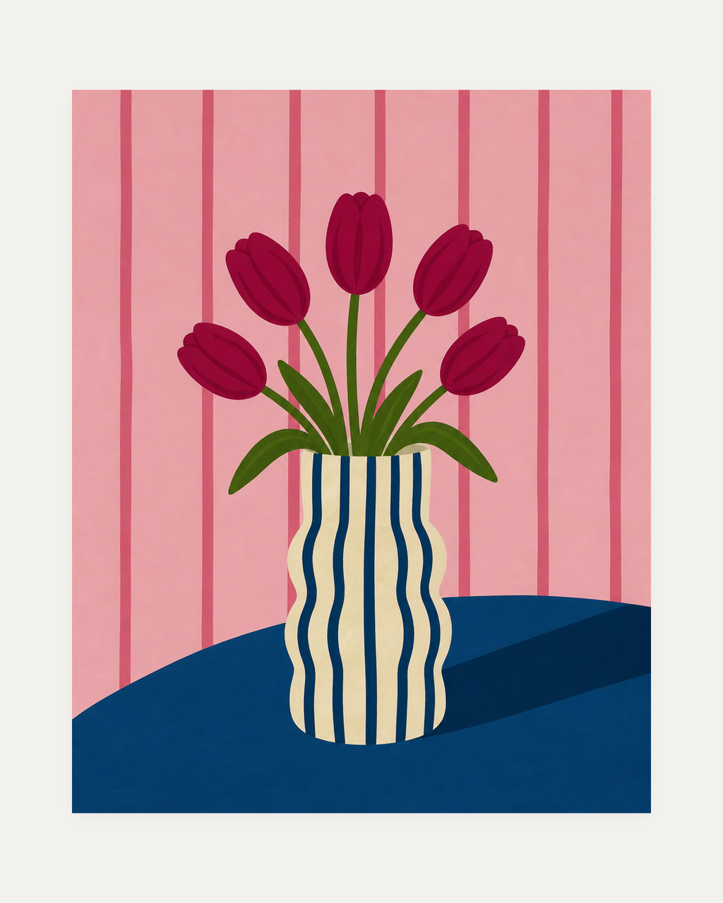 Morning Tulips unframed five tulip wall art print showing five coral tulips in a striped vase