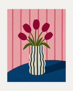 Morning Tulips unframed five tulip wall art print showing five coral tulips in a striped vase